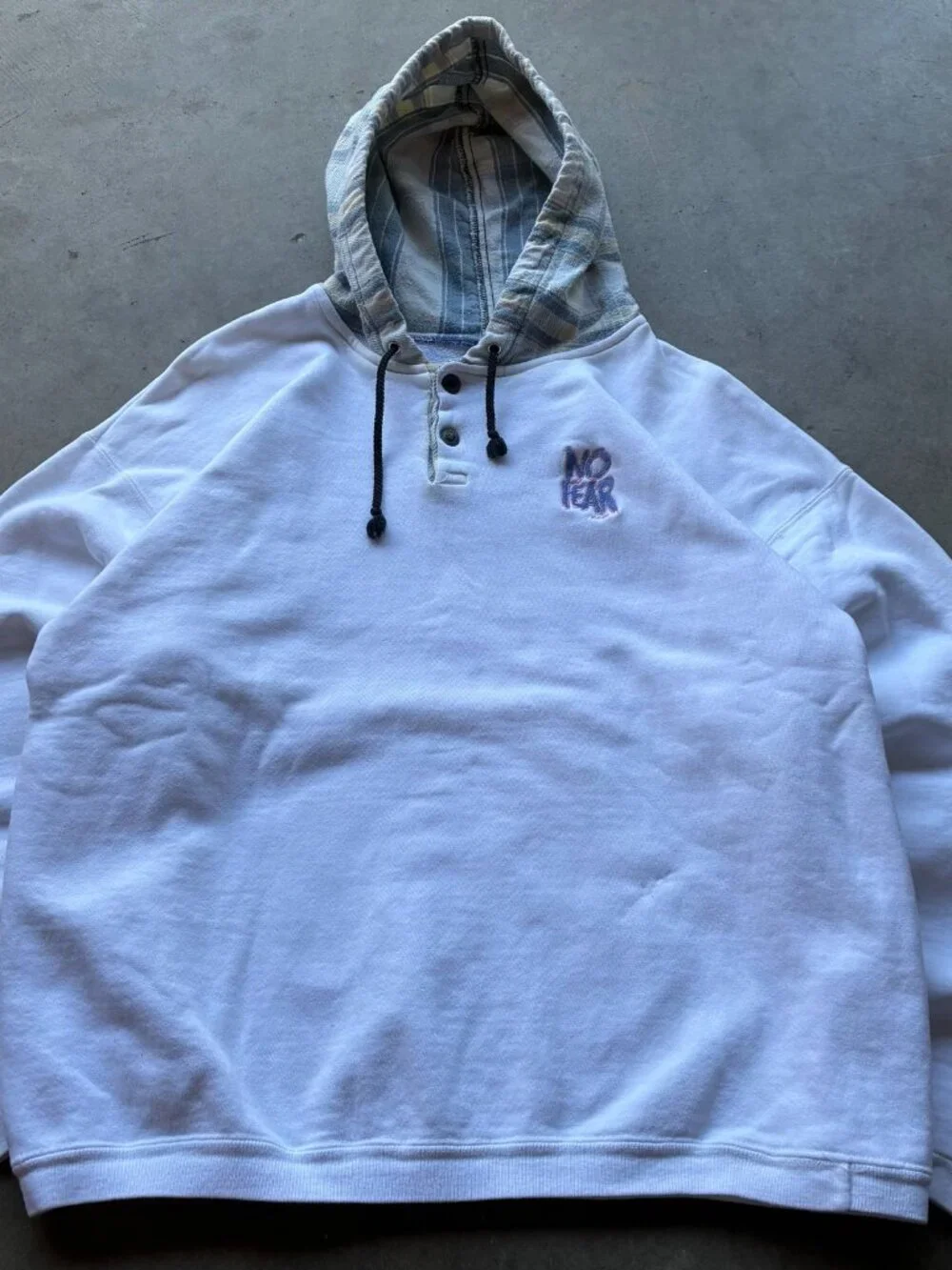 Vintage 90s No Fear Gear White Hoodie Plaid Flannel Lined Hood Snaps XL